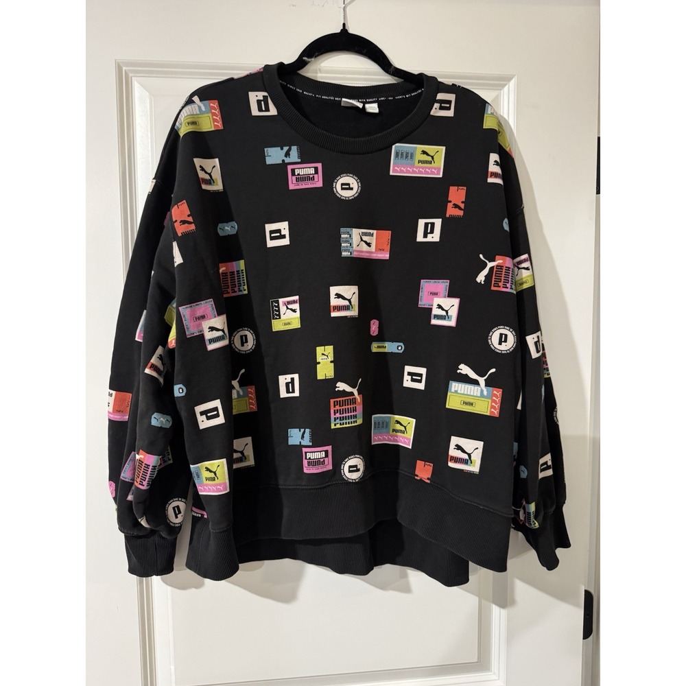 Puma All Over Logo Print Black Crewneck‎ Sweatshirt Women XL